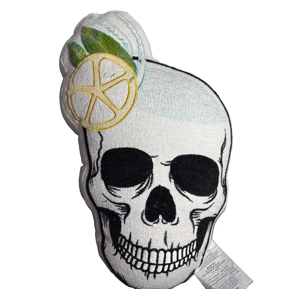 Mary & Edgar Embroidered Skull Margarita Pillow White NWOT Thread Defect